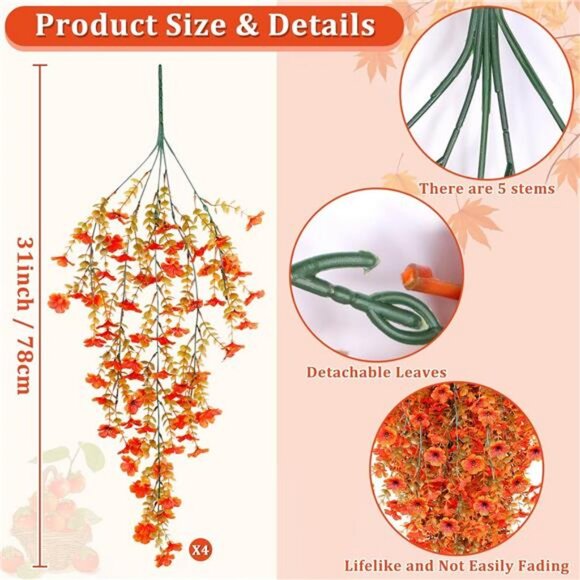 4 Pcs Artificial Hanging Fall Flowers Fall Decorations, Fake Mums for Outdoor - Picture 4 of 7